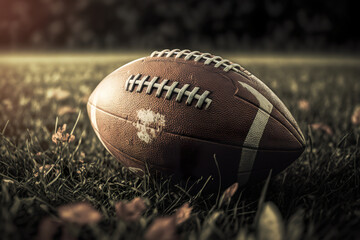 An American football on field. Composition of rugby ball. 3D Realistic Illustration. Based on Generative AI