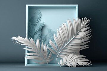 Palm leaves on a grey background abstract white podium. Display case replica for demonstrating a product. Minimalist thinking. Example of an Ad Layout. Generative AI