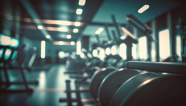 Defocused gym interior, physical exercise area background. 3D Realistic Illustration. Based on Generative AI
