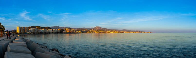 Panoramic view of night Malaga coastline, beach Malageta in Malaga, Spain on January 14, 2023