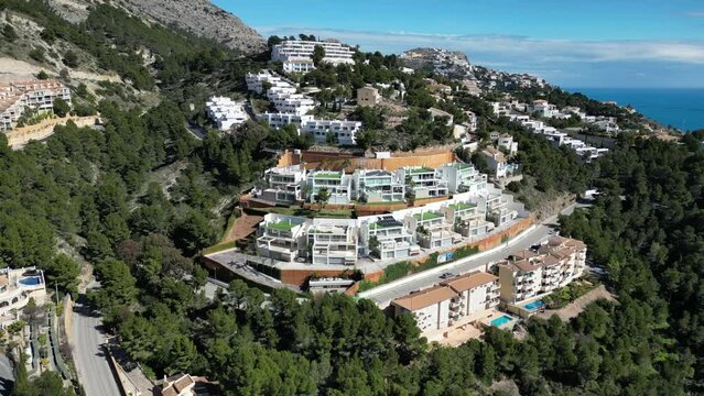 Aerial footage of the beautiful city of Altea Hills nestled in the mountains.Altea, Alicante, Spain.Villas on Costa Blanca