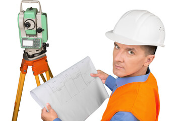 Portrait of a Land Surveyor Working with Modern Theodolite and Blueprint