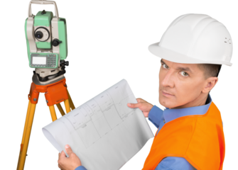 Portrait of a Land Surveyor Working with Modern Theodolite and Blueprint