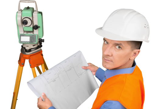Portrait of a Land Surveyor Working with Modern Theodolite and Blueprint