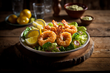 fried breaded shrimp on rustic wooden table. Delicious seafood. AI generated