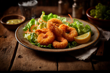 fried breaded shrimp on rustic wooden table. Delicious seafood. AI generated