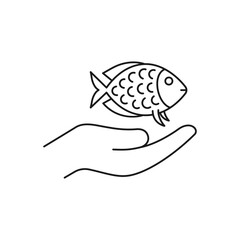 Fish on hand icon line style isolated on white background. Vector illustration