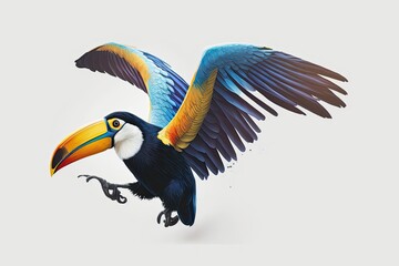 graceful Toucan in flight against a white background. Generative AI