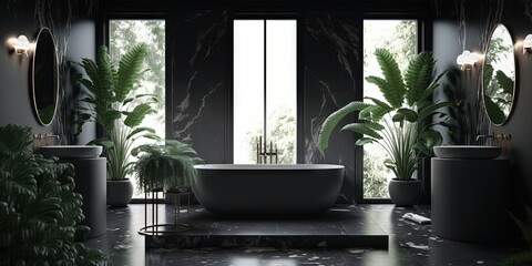 A stylish and luxurious bathroom featuring black marble tile and accents, Generative AI - obrazy, fototapety, plakaty
