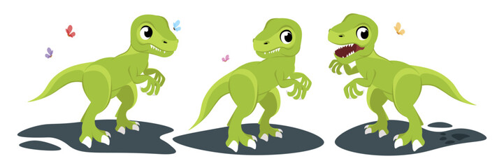 Vector illustration of cute and beautiful dinosaurs on white background. Charming characters of funny dinosaurs in different poses and emotions with butterflies in cartoon style.