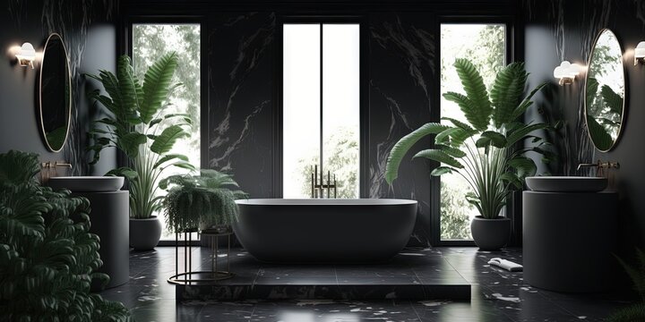 A stylish and luxurious bathroom featuring black marble tile and accents, Generative AI