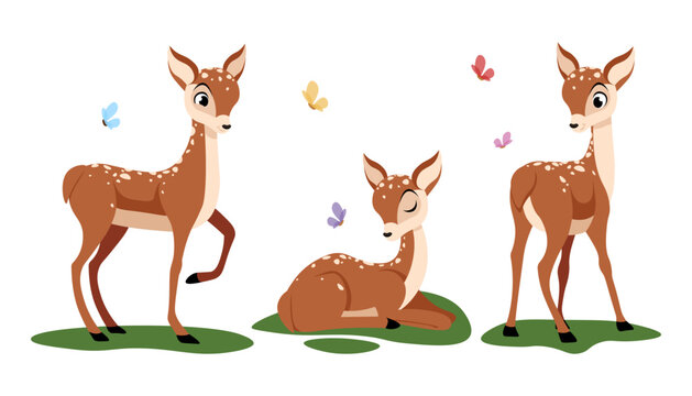 Vector illustration of a cute spotted deer on a white background.Charming characters of a baby deer in different poses and emotions: standing , sleeping, looking at butterflies in a cartoon style.
