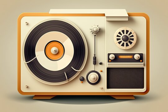 Blank white background with vintage record player and vinyl disc for DJ use. Image depicting a sound system and the idea of using sound to amuse. Generative AI
