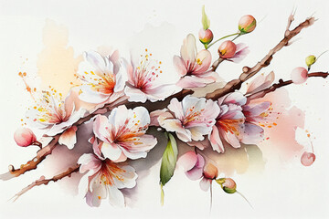 Spring Cherry Blossom Background - Floral Watercolor Painting - Generative AI