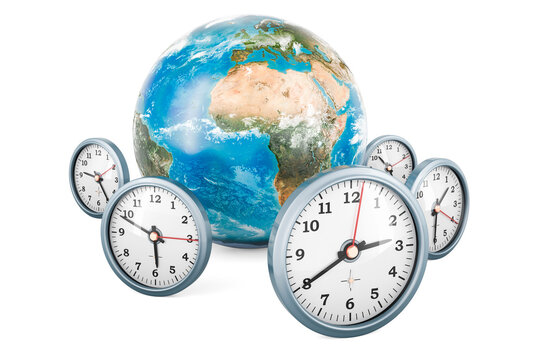 Earth Globe with clocks, 3D rendering
