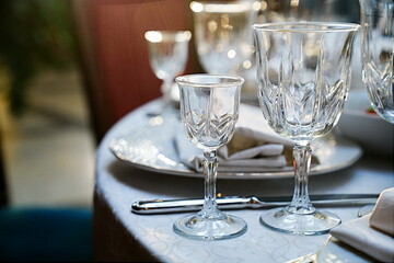 empty wine glasses on the table.table setting for a festive dinner. 