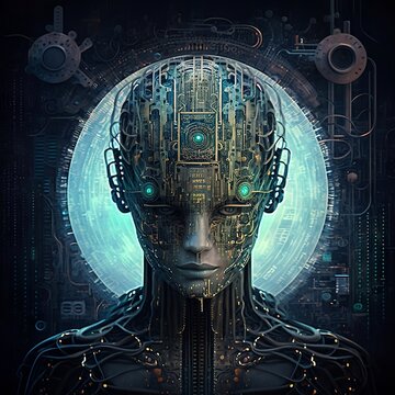 Representation of an Artificial Intelligence, AI, ChatGPT representation, Android being, Robot, Alien being, Futuristic Illustration, Cyberpunk Robot.