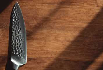 Knife blade. Japanese chef's knife. Background for the menu.Top view. Kitchen concept
