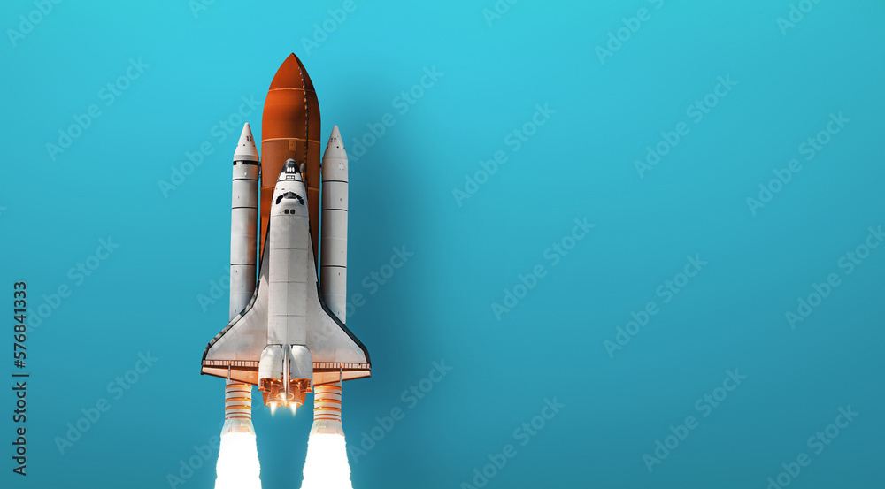 Poster Space shuttle rocket isolated on blue cyan background. Spaceship empty template for web banner. Place for text. Elements of this image furnished by NASA