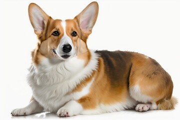 Welsh corgi laying down, white background - Generative AI
