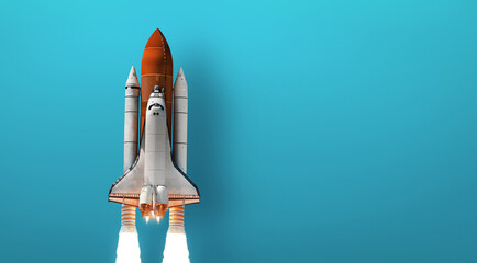 Space shuttle rocket isolated on blue cyan background. Spaceship empty template for web banner. Place for text. Elements of this image furnished by NASA