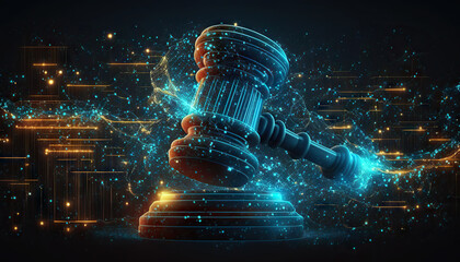 Judge gavel on background of data center. Digital law concept of duality of Judiciary, Jurisprudence and Justice and data in the modern world. Copy space. Based on Generative AI - obrazy, fototapety, plakaty
