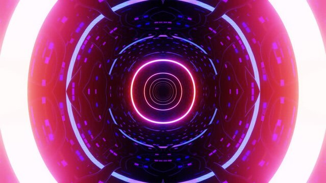 Glow sci fi symmetrical construction. Vj loop trendy neon tunnel. hi tech neon tunel. Sci-fi flight through cyberspace with symmetry. Video game or vj night club background with neon light.