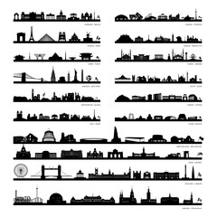 Illustration of different countries capital cities silhouette with various buildings, monuments, tourist attractions