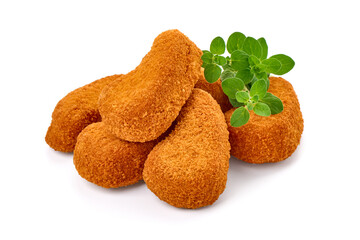 Crispy chicken nuggets, isolated on white background.