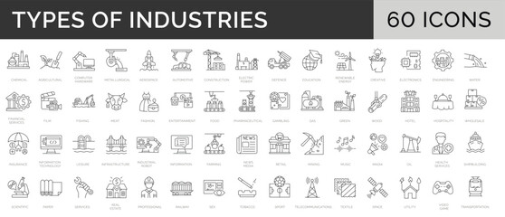 Set of 60 line icons. Collection of 60 types of types of Industries. Different kinds of Engineering, Manufacturing, Production activities. Editable stroke. Vector illustration - obrazy, fototapety, plakaty