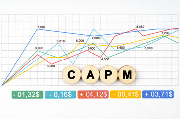 On the business chart are wooden circles with the inscription - CAPM - obrazy, fototapety, plakaty