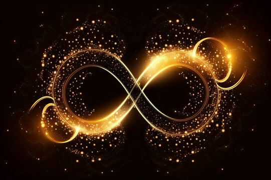 Glowing Infinity Symbol Made of Golden Light and Sparks on Black Background - Generative AI