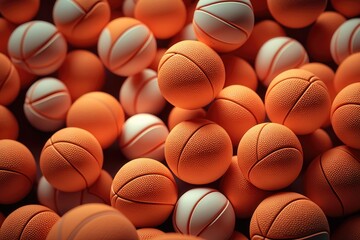 3d rendering of many orange basketball lying balls. AI generation