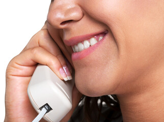 Close-up of Young woman with phone isolated on white background