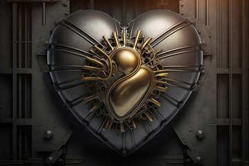 Steel, metal heart. Generative AI image.