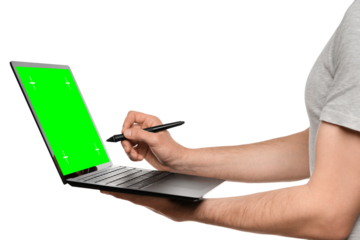 A man in a T-shirt holds a laptop, an ultrabook, and puts an electronic signature with his other hand.