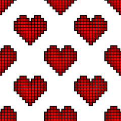 Red pixel hearts isolated on white background. Cute seamless pattern. Vector simple flat graphic illustration. Texture.