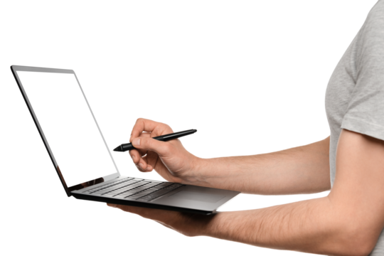 A man in a T-shirt holds a laptop, an ultrabook, and puts an electronic signature with his other hand.