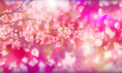 Obraz na płótnie Canvas Blooming tree, pink flowers on an abstract background with sunny bokeh, generative AI