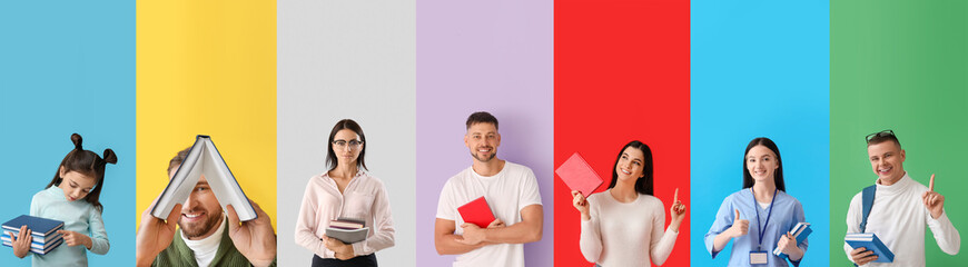 Group of different people with books on color background