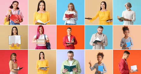 Set of different people with books on color background