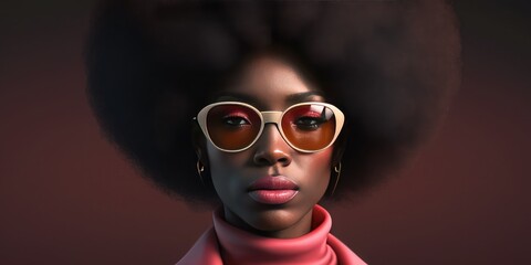 High fahion model with big hair posing, Afro American woman art portrait with sunglasses. Mid century modern retro style