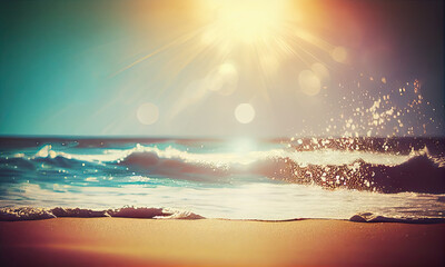 Blur tropical beach with bokeh sun light wave abstract background, generative AI