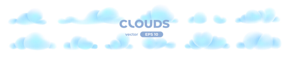 3D clouds set isolated on a blue background. Signs and icons collection. Realistic elements. White color. Simple cartoon design. Flat style vector illustration.