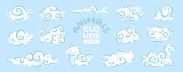 Animal clouds set isolated on a blue background. White silhouette. Cute funny cartoon design. Kid dreams. Signs and icons collection. Realistic elements. Greek culture. Flat style vector illustration.