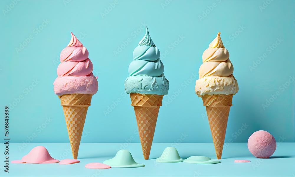 Wall mural colorful ice cream on pastel blue background, generative ai