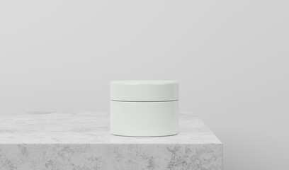 White Glossy Plastic Cosmetic Jar On The White Marble Empty Space Pedestal Podium Platform Mock Up Banner Beauty Skincare Product Package Luxury Makeup Container White Cap Realistic 3D Illustration