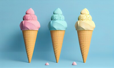 Colorful ice cream on pastel blue background, generative AI