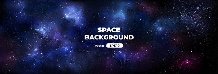 Space background with bright shining stars. Star universe. Beautiful nebula. Starry night sky. Deep cosmos. Black outer space. Milky way galaxy. Science fiction. Vector illustration eps10.