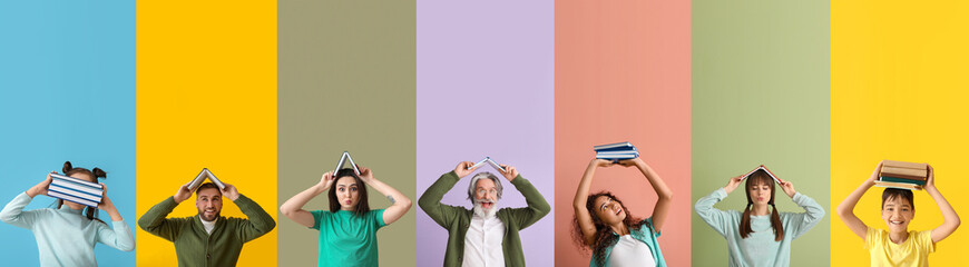 Collage of different people with books on color background